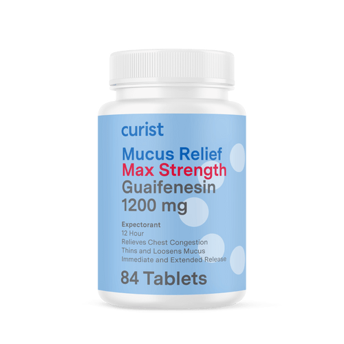 curist mucus relief maximum strength guaifenesin 1200 mg 84 ct tablets expectorant - 12 hour relieves chest congestion; thins and loosens mucus; immediate and extedned release - 84 tablets - image of bottle