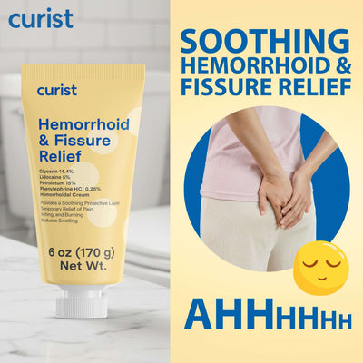 Curist hemorrhoid and fissure relief cream with packaging and product image on a light gray background