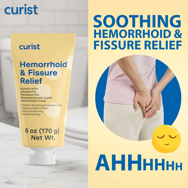 Curist hemorrhoid and fissure relief cream with packaging and product image on a light gray background