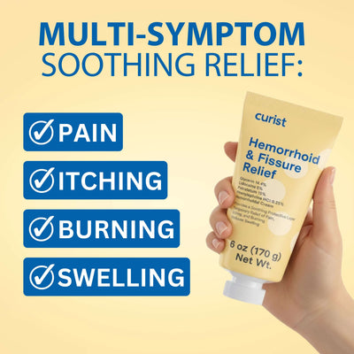 Hand holding a tube of curist hemorrhoid and fissure relief cream with text on a yellow background