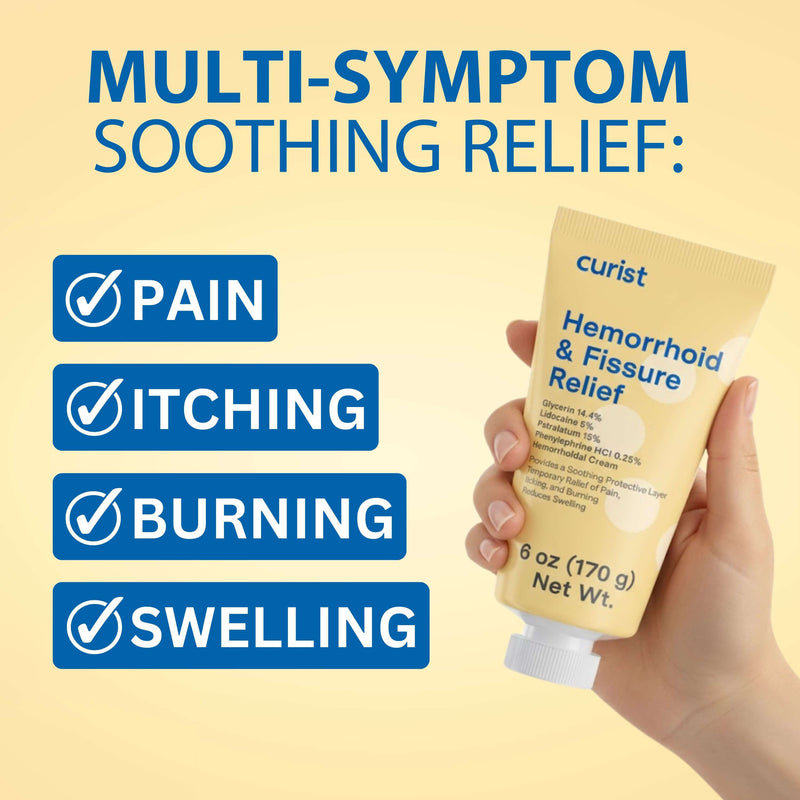 Hand holding a tube of curist hemorrhoid and fissure relief cream with text on a yellow background