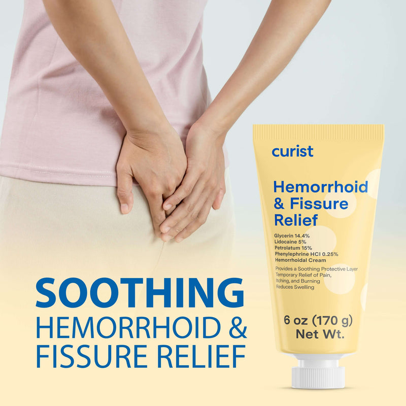 Curist hemorrhoid and fissure relief cream tube with a person holding hands on a light background