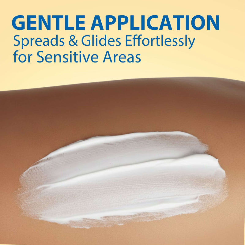 Product application on skin with text about gentle application for sensitive areas
