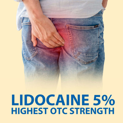 Person wearing jeans with a visible area of redness, labeled 'Lidocaine 5% Highest OTC Strength' on a beige background.