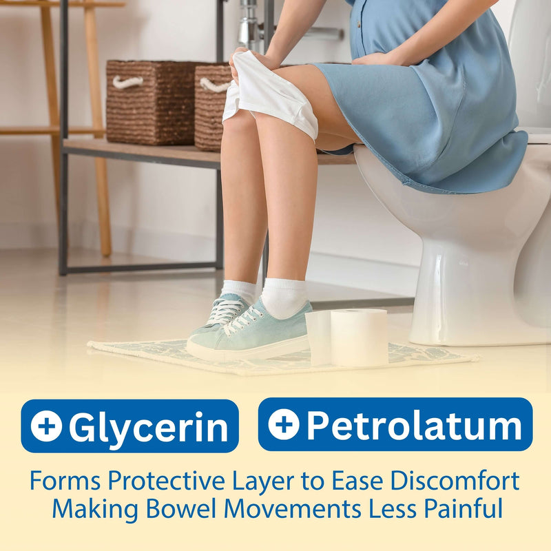 Person sitting on a toilet with text about Glycerin and Petrolatum for bowel comfort.