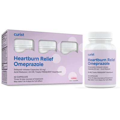 curist heartburn relief capsules image of box and bottle