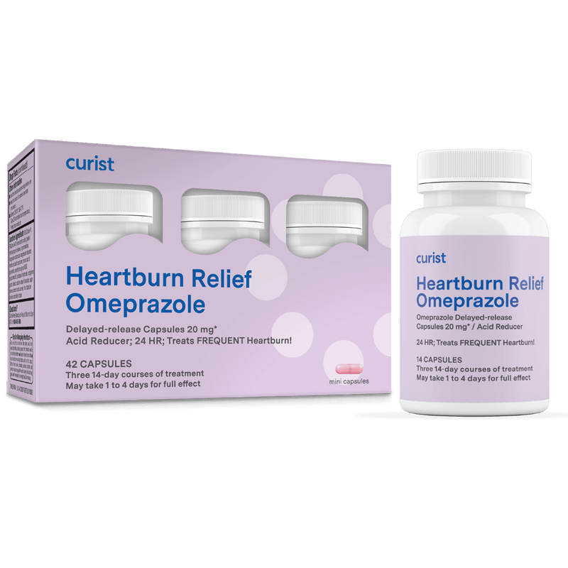 curist heartburn relief capsules image of box and bottle